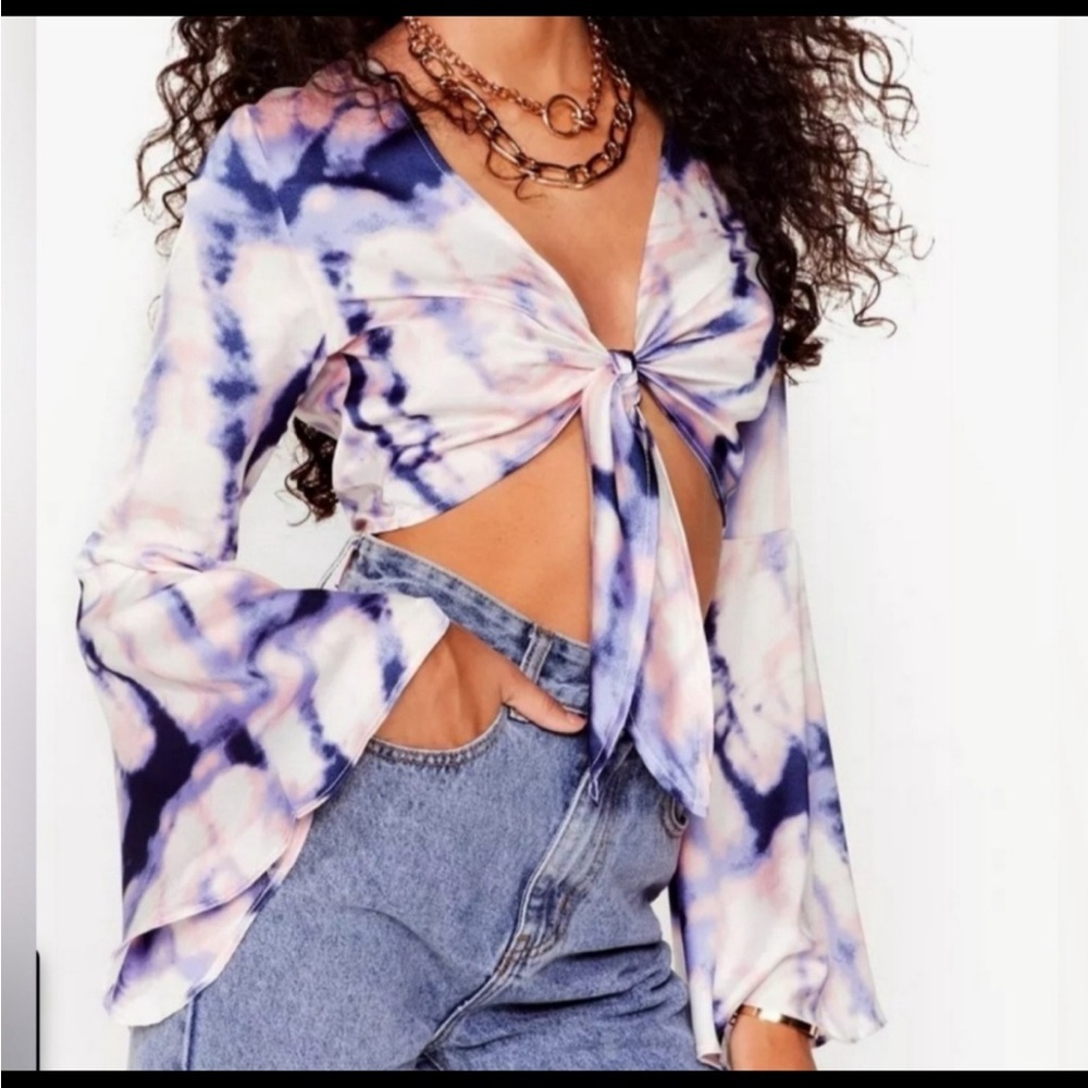 Nasty Gal Flare to Join Us Purple Pink Tie Dye Long Sleeve Cropped Blouse US 0